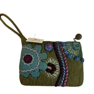 Green Felted Zippered Clutch Featuring Intricate Embroidered Designs.